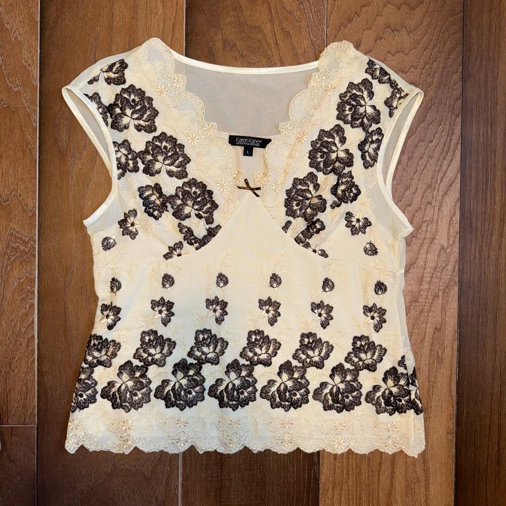 Karen Kane Vintage Lace Sleeveless Top Cream and Brown Romantic Sexy Petite L